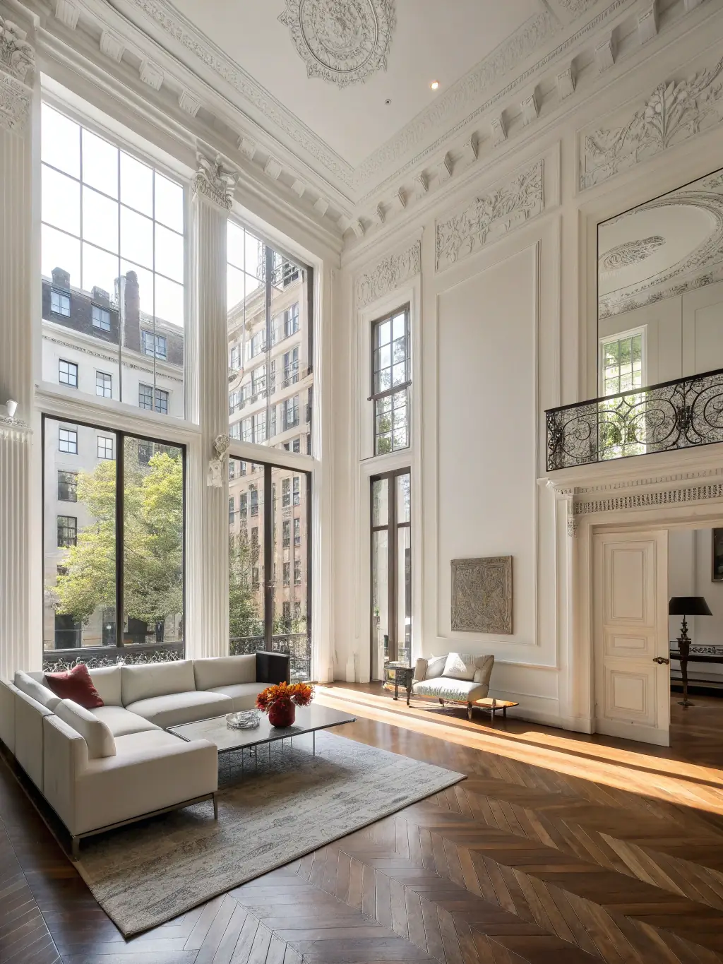 A brightly lit, renovated living room showcasing a blend of modern furniture and preserved original architectural details, emphasizing LUNE RM's restoration expertise.