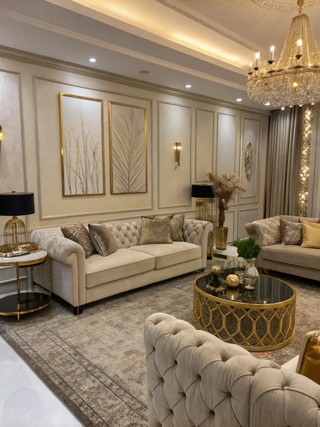 An image of a completed interior design project by LUNE RM, showcasing a blend of modern design with culturally relevant decorative elements.