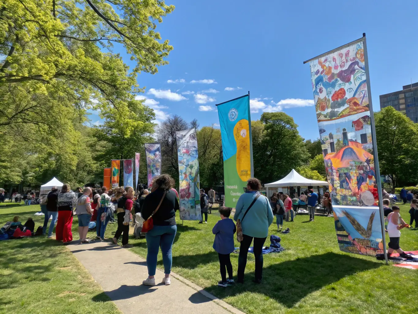 A vibrant image of a community event organized by LUNE RM, showcasing local artists and designers, with people interacting and appreciating the displayed artwork and design pieces.