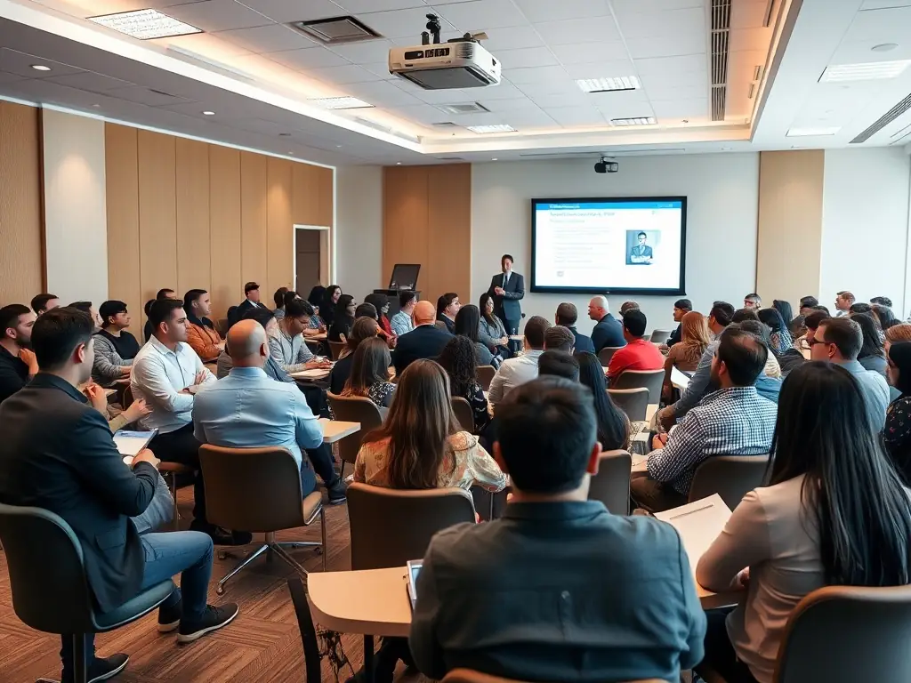 A photograph of an interior design seminar, with participants actively engaged in a discussion about modern design trends and their application in residential spaces.