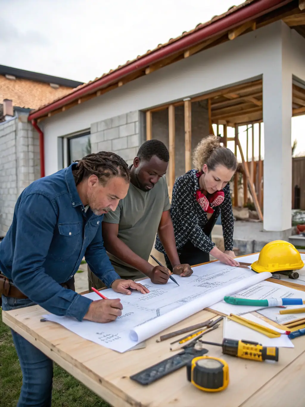 A photograph of a group of people participating in a LUNE RM workshop on traditional plastering techniques, showcasing hands-on learning and cultural preservation.